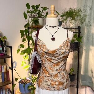 Vintage Y2K 100% Silk Cowl Neck Cami Tank Top Size S Geometric Fairy Boho